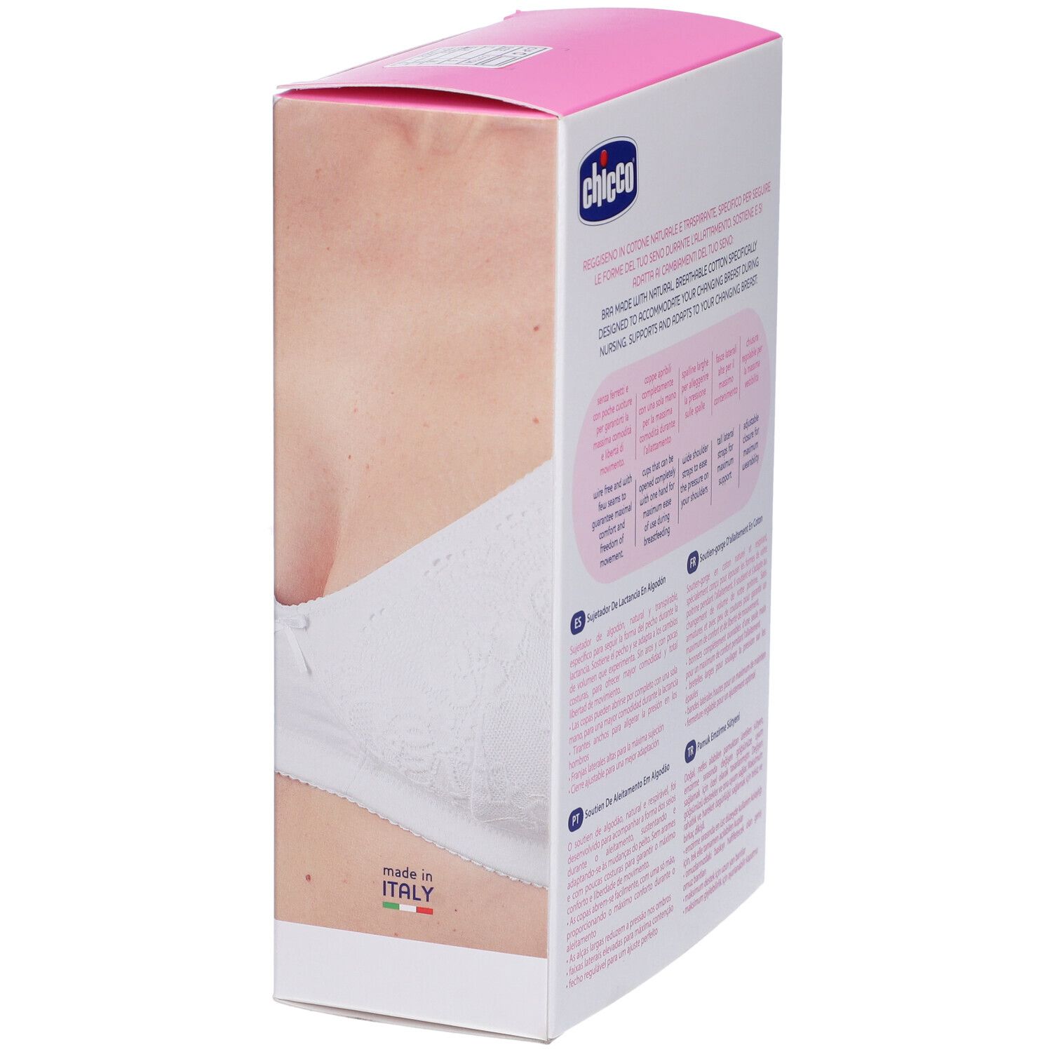 Confezione reggiseno allattamento Chicco. Scatola rosa con testo e immagine di un reggiseno bianco. Made in Italy.