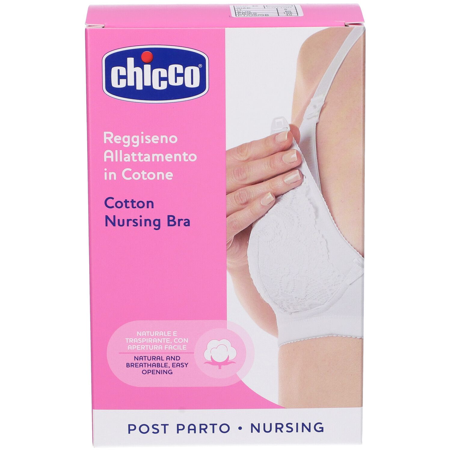 Confezione Chicco reggiseno allattamento. Reggiseno in cotone bianco. Testo: Reggiseno Allattamento in Cotone, Cotton Nursing Bra.