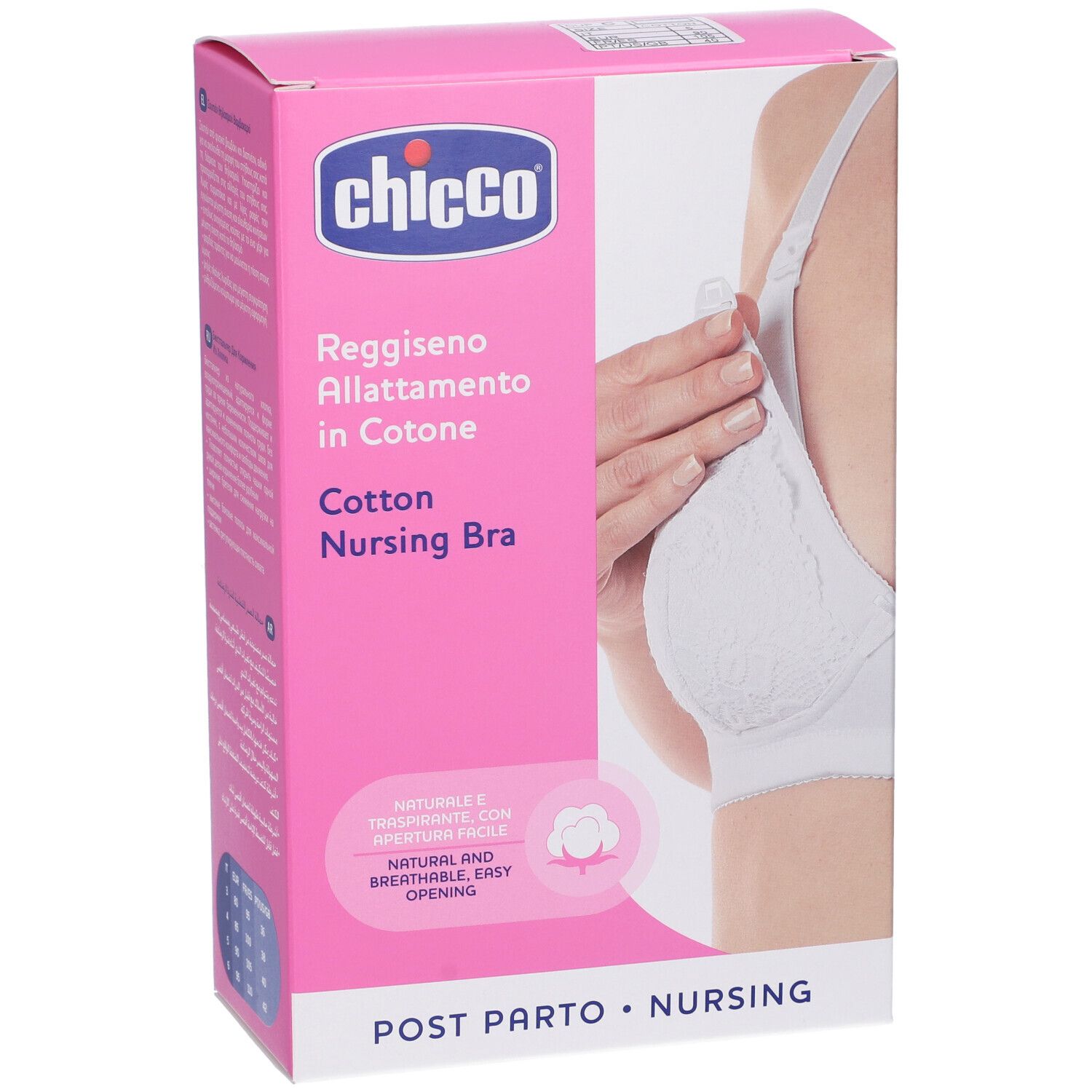 Confezione Chicco reggiseno allattamento. Reggiseno in cotone bianco. Testo: Reggiseno Allattamento in Cotone, Cotton Nursing Bra.