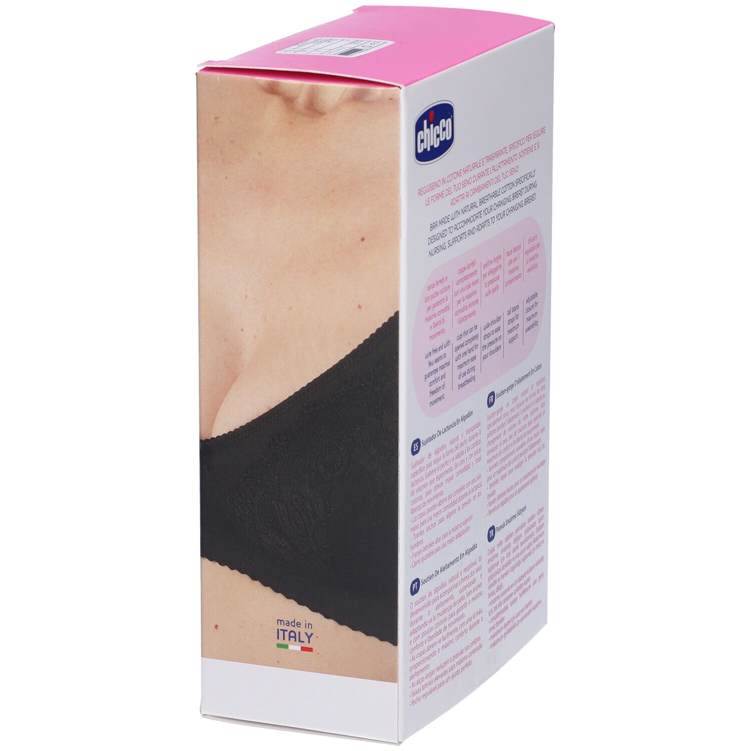 Scatola rosa Chicco. Stampa: Reggiseno allattamento nero. Testo: Made in Italy. Post Parto Nursing.