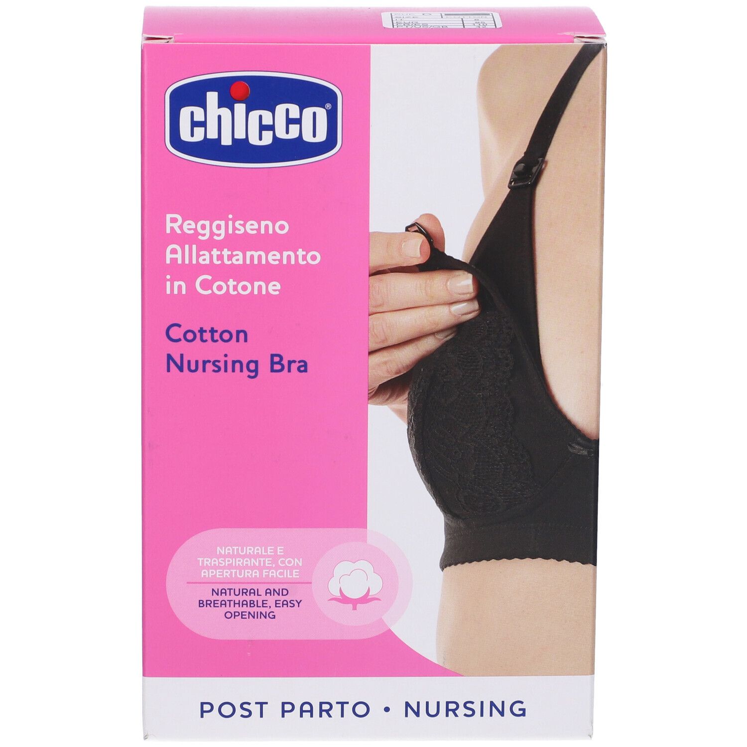 Scatola rosa Chicco. Stampa: Reggiseno allattamento nero in cotone, traspirante. Testo: Post Parto Nursing.