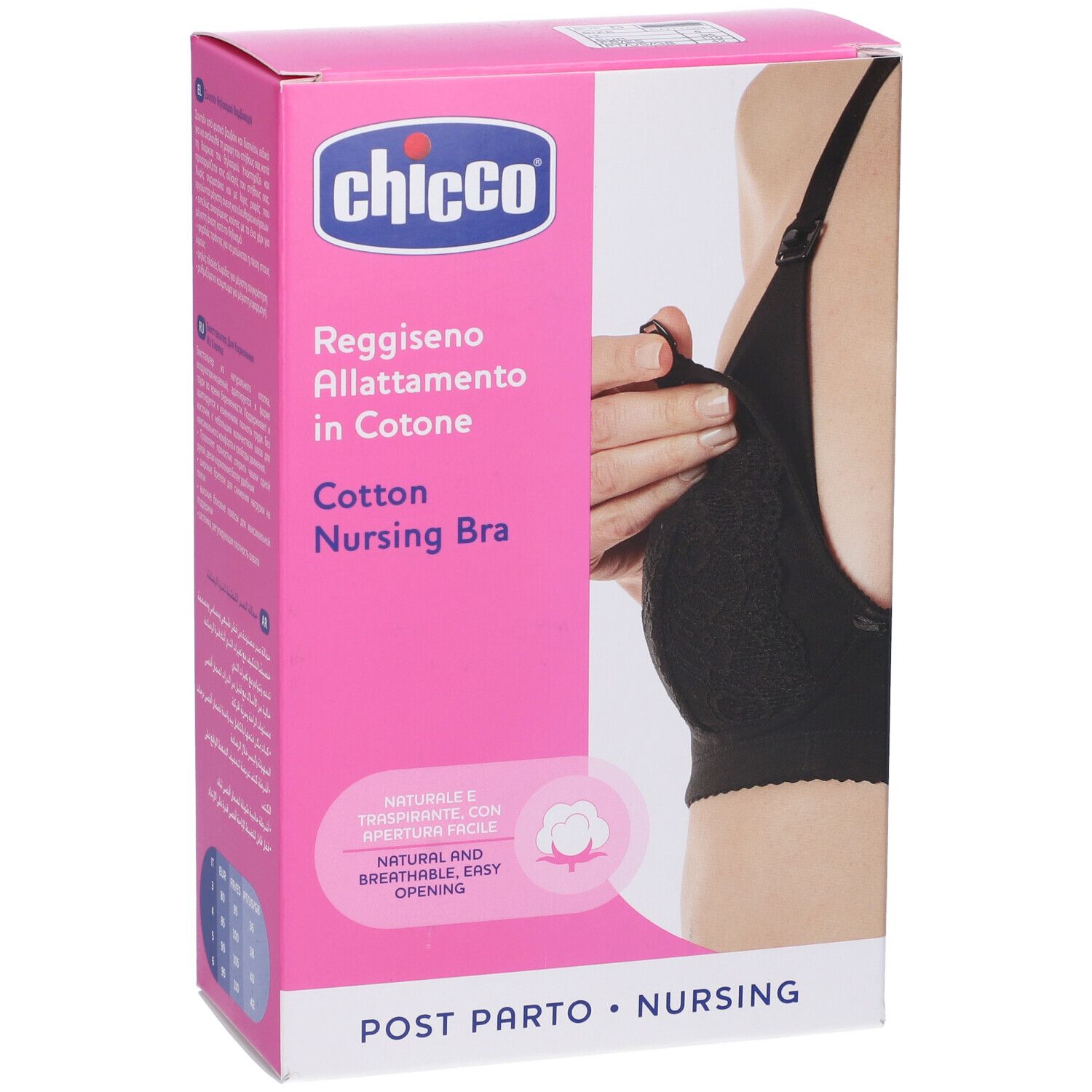 Scatola rosa Chicco. Stampa: Reggiseno allattamento nero in cotone, traspirante. Testo: Post Parto Nursing.