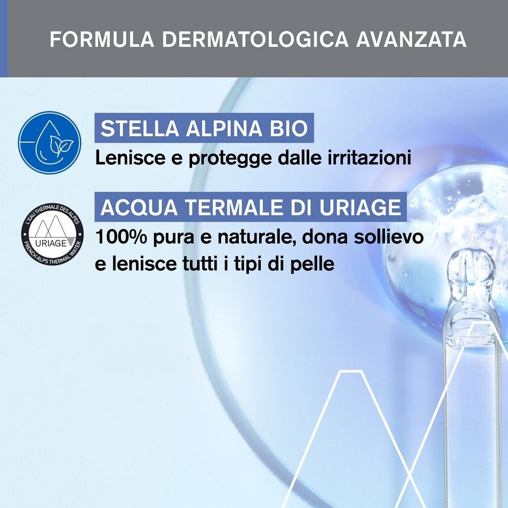 Testo: FORMULA DERMATOLOGICA AVANZATA. Stella Alpina Bio. Acqua Termale di Uriage.