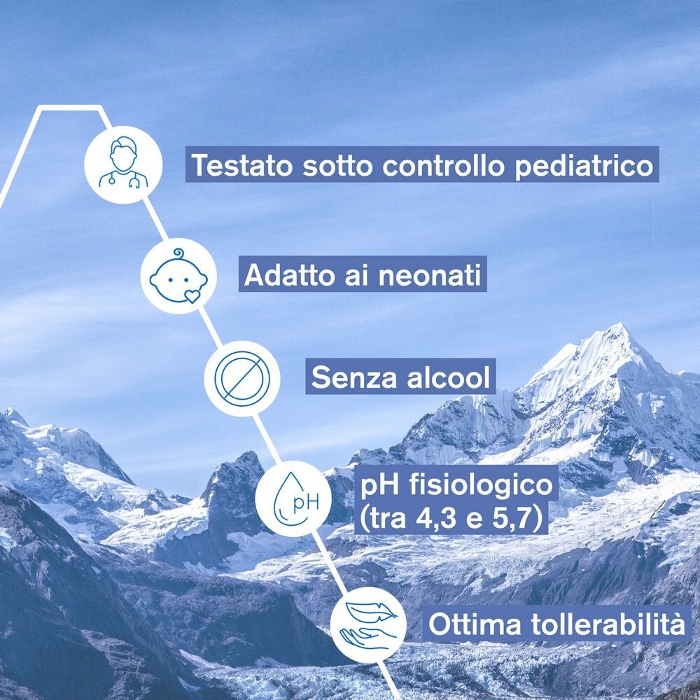 Testo: Testato sotto controllo pediatrico, Adatto ai neonati, Senza alcool, pH fisiologico, Ottima tollerabilità.