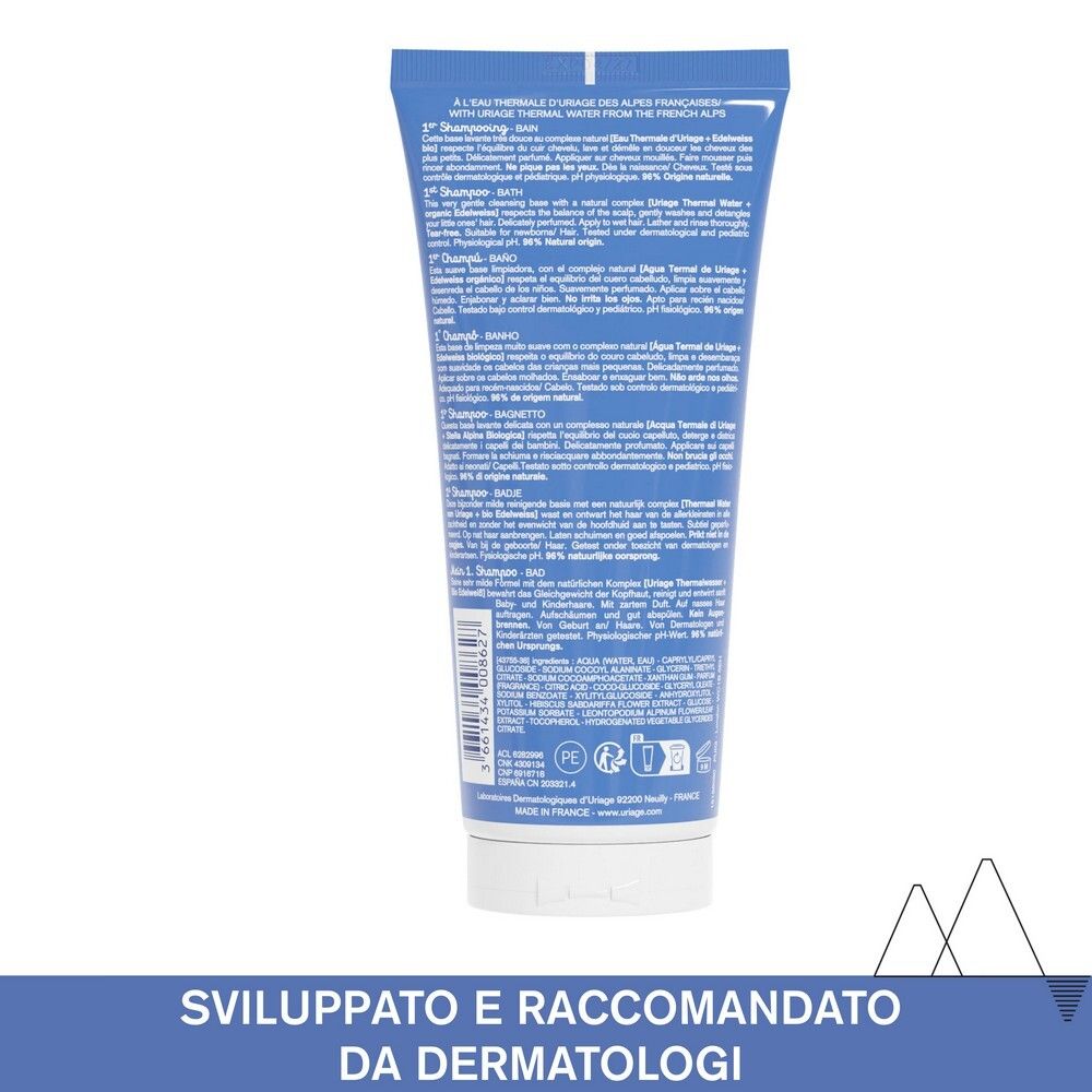 Retro del tubo blu con informazioni sul prodotto in diverse lingue. Contiene informazioni sugli ingredienti e sul produttore.