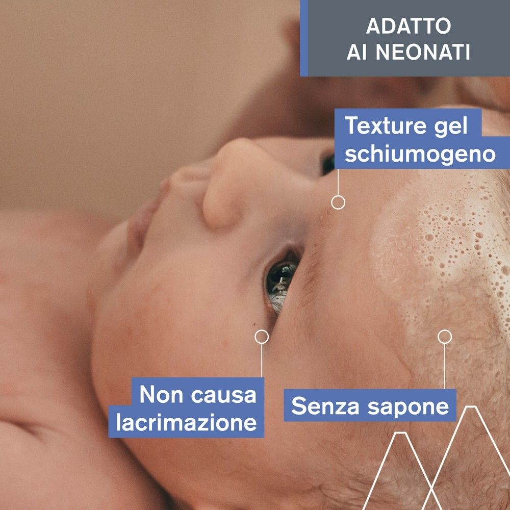 Primo piano di un bambino con schiuma sulla testa. Testo: Non causa lacrimazione, senza sapone, texture gel, adatto ai neonati.
