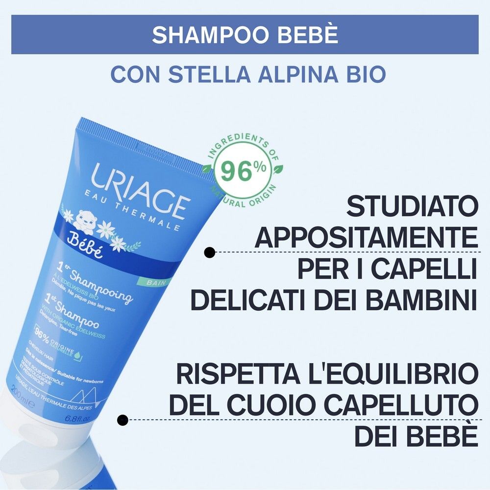 Tubo blu con nome del prodotto e informazioni. 1° Shampoo per bambini. Con stella alpina bio. 96% di origine naturale.