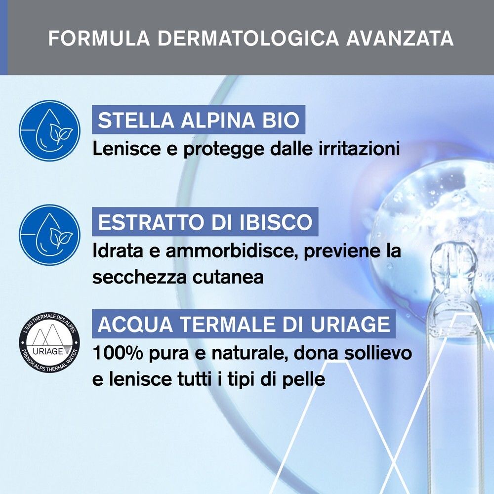 Grafica con ingredienti: stella alpina bio, estratto di ibisco, acqua termale Uriage. 100% pura e naturale.