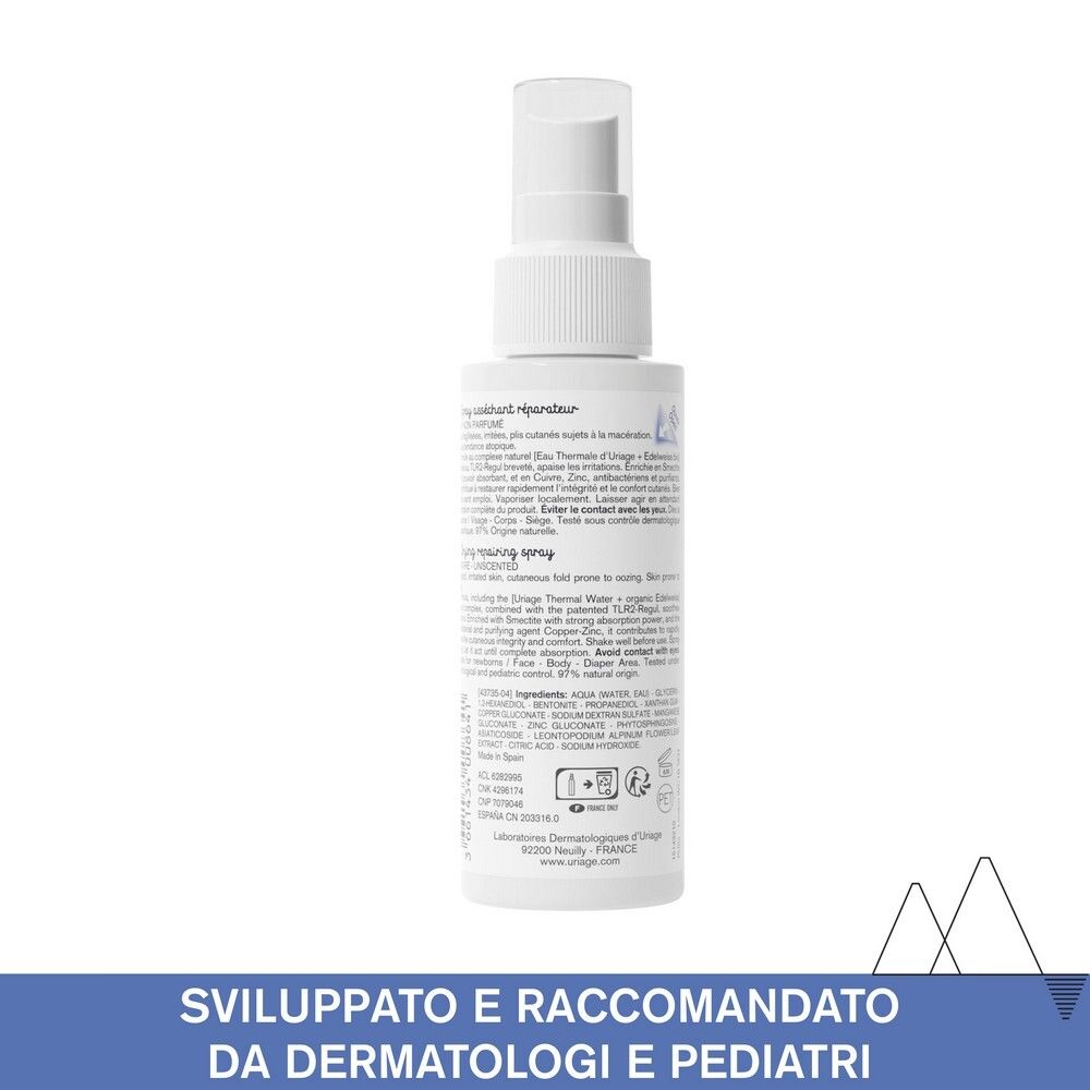 Retro del flacone URIAGE Bébé. Testo: Ingredienti, Testato dermatologicamente, Made in France. Logo: Dermatologia.