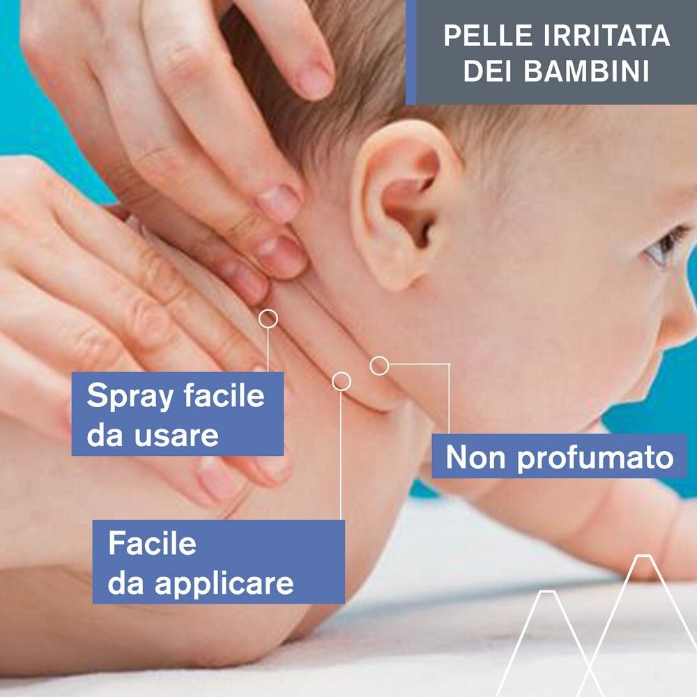 Collo del bambino, mani. Testo: Spray facile da usare, Facile da applicare, Non profumato. Irritazioni cutanee.