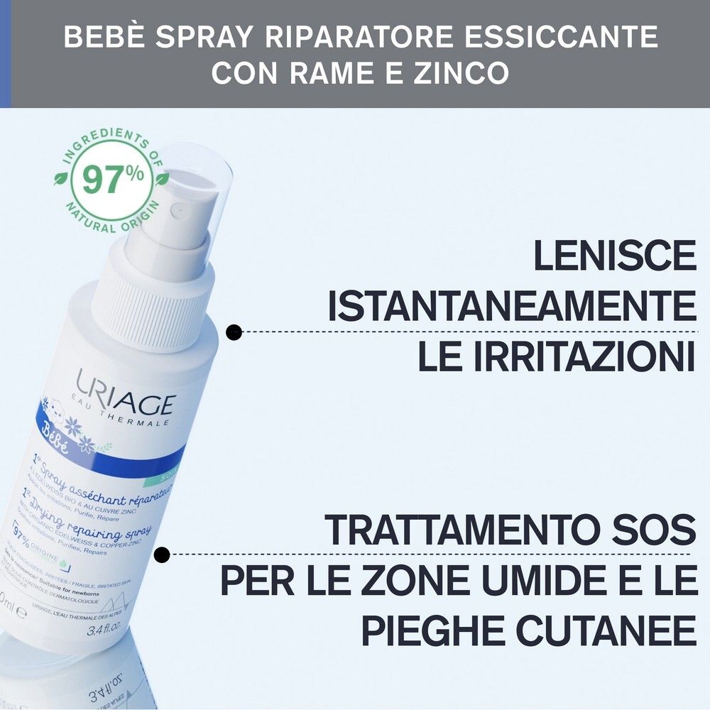 URIAGE Bébé Spray. Testo: Bébé Spray riparatore essiccante con rame e zinco, Lenisce istantaneamente le irritazioni.