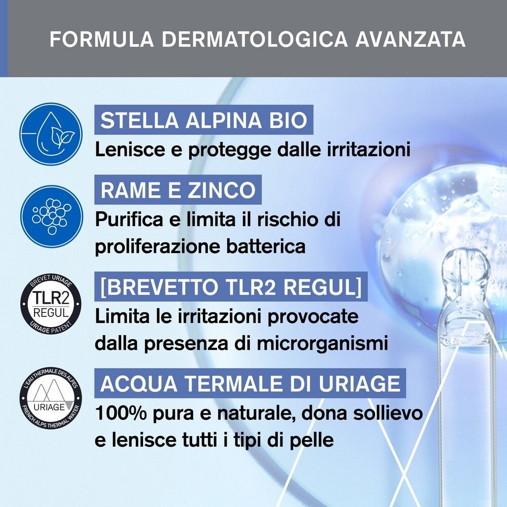 Testo: Stella Alpina Bio, Rame e Zinco, Brevetto TLR2 Regul, Acqua Termale di Uriage. Loghi.