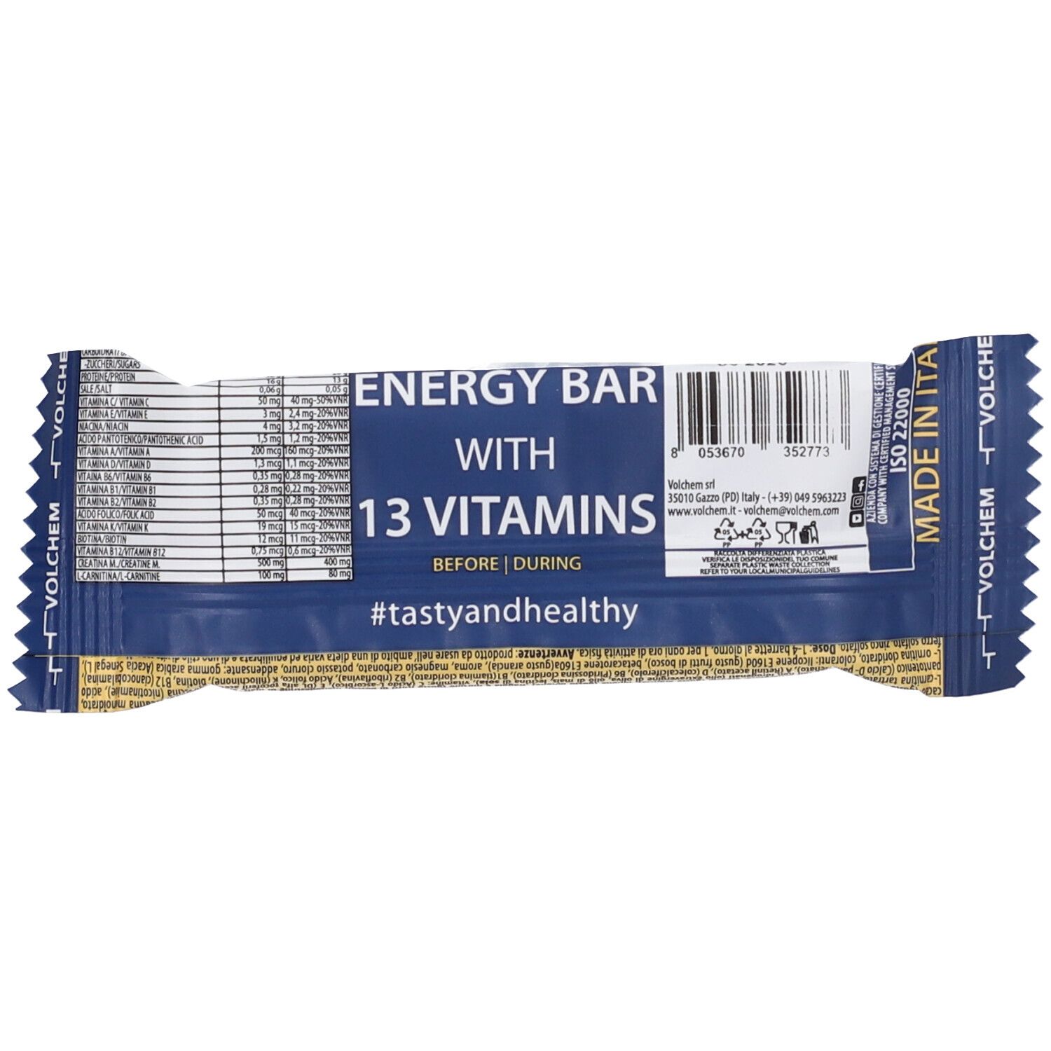 Retro della barretta energetica. Contiene 13 vitamine. Testo e informazioni nutrizionali.