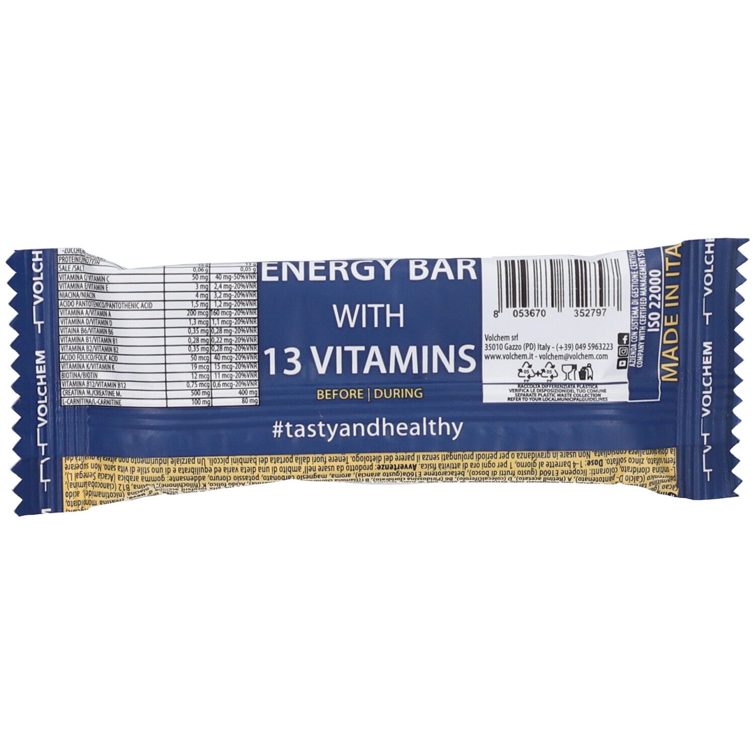 Retro della barretta energetica. Contiene 13 vitamine. Informazioni nutrizionali e produttore.