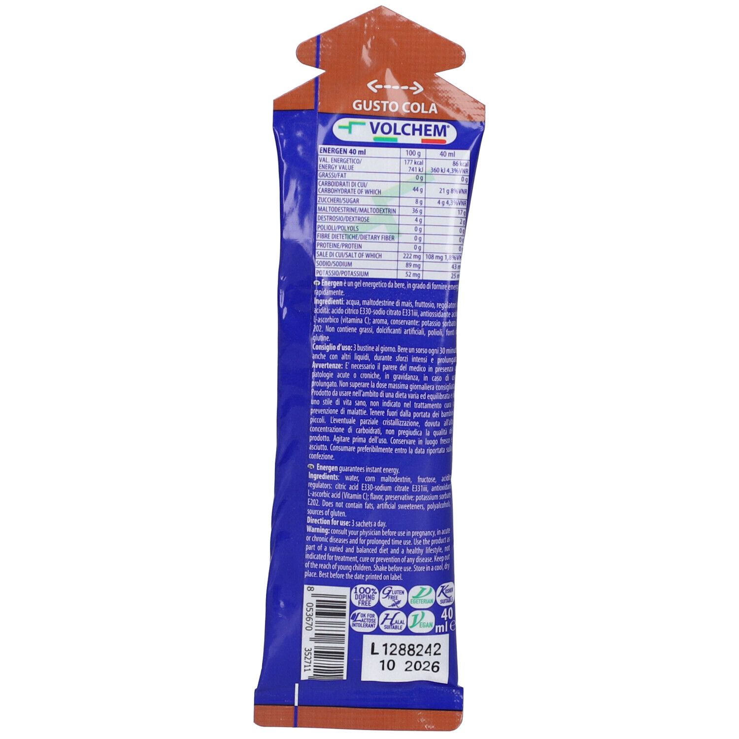 Busta ENERGEN, retro. Confezione blu con testo bianco. Contiene informazioni nutrizionali e ingredienti. Data di scadenza.