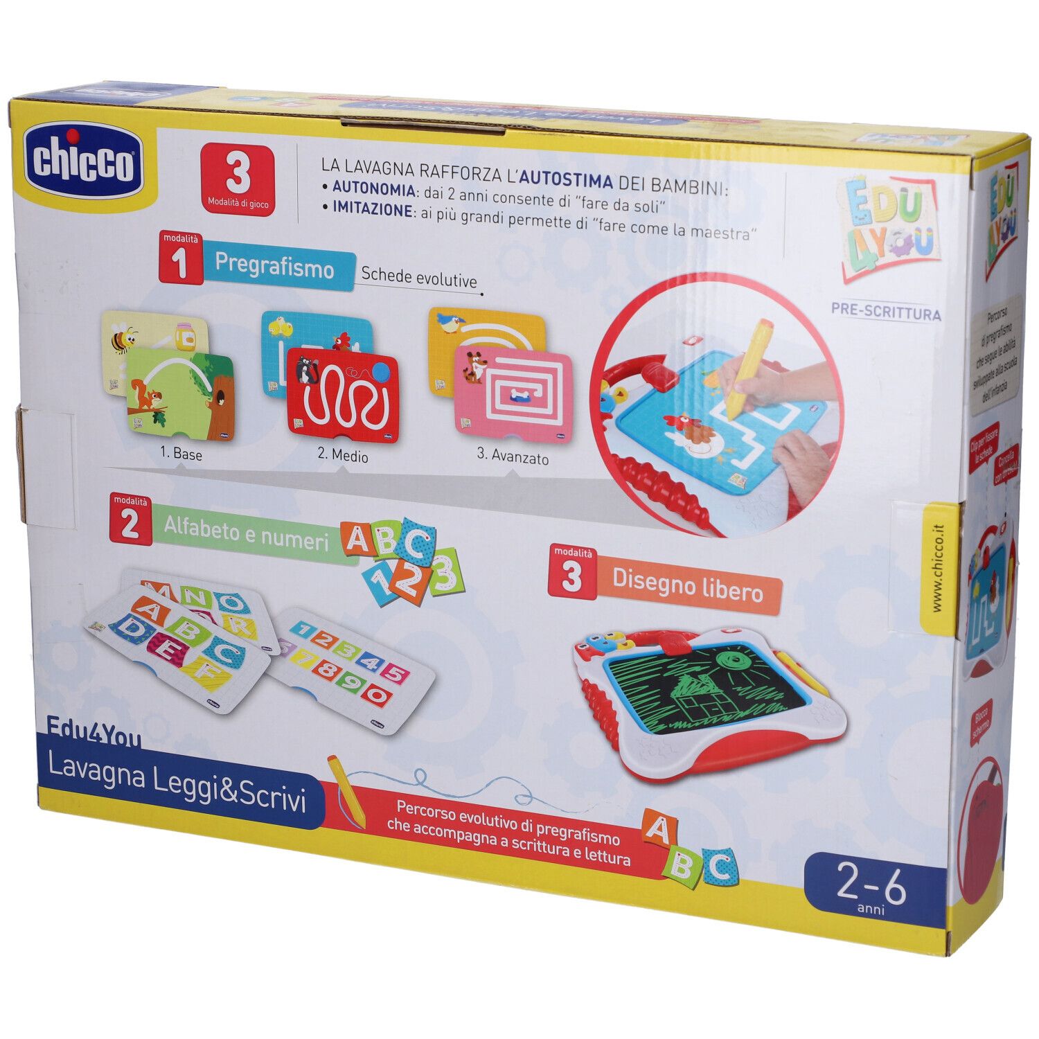 Retro della confezione Chicco Edu4You Leggi&Scrivi con illustrazioni del prodotto.
