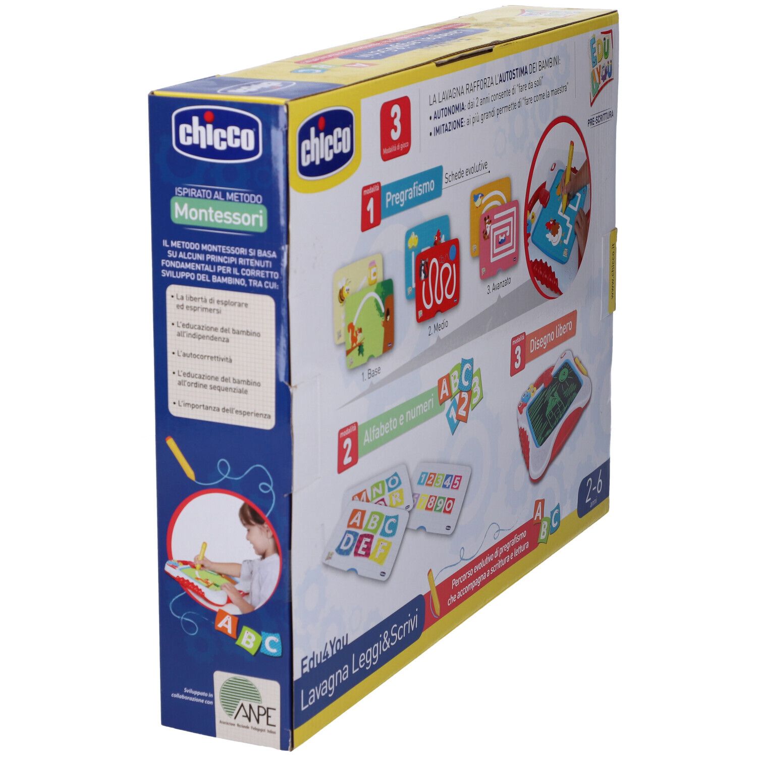 Lato della confezione Chicco Edu4You Leggi&Scrivi, metodo Montessori.