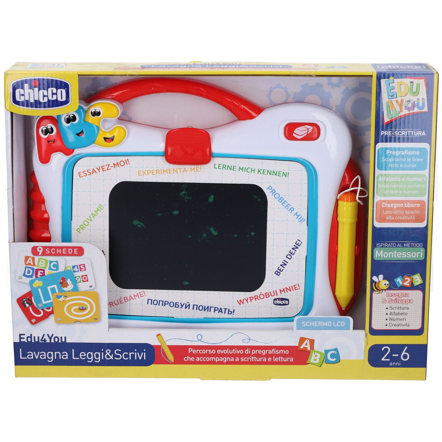 Lavagna Chicco Edu4You Leggi&Scrivi, bianca e rossa, con pennino e schede didattiche.