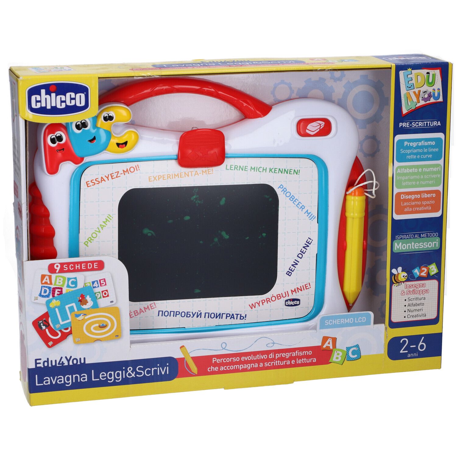 Lavagna Chicco Edu4You Leggi&Scrivi, bianca e rossa, con pennino e schede didattiche.