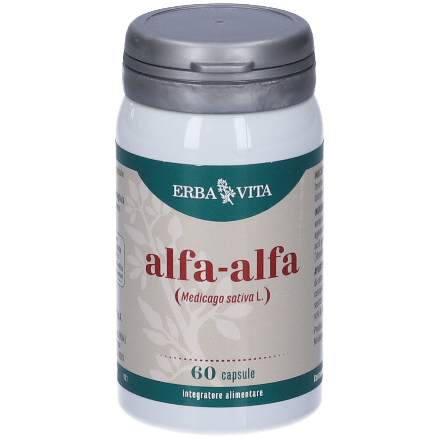 Flacone bianco Erba Vita Alfa-Alfa, etichetta verde. 60 capsule.
