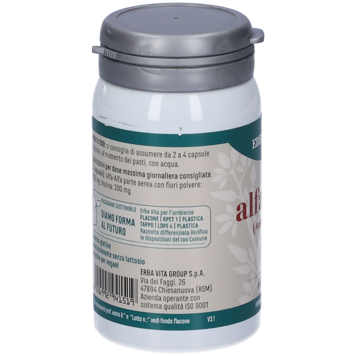 Flacone bianco Erba Vita Alfa-Alfa, etichette verdi. Testo sul retro.