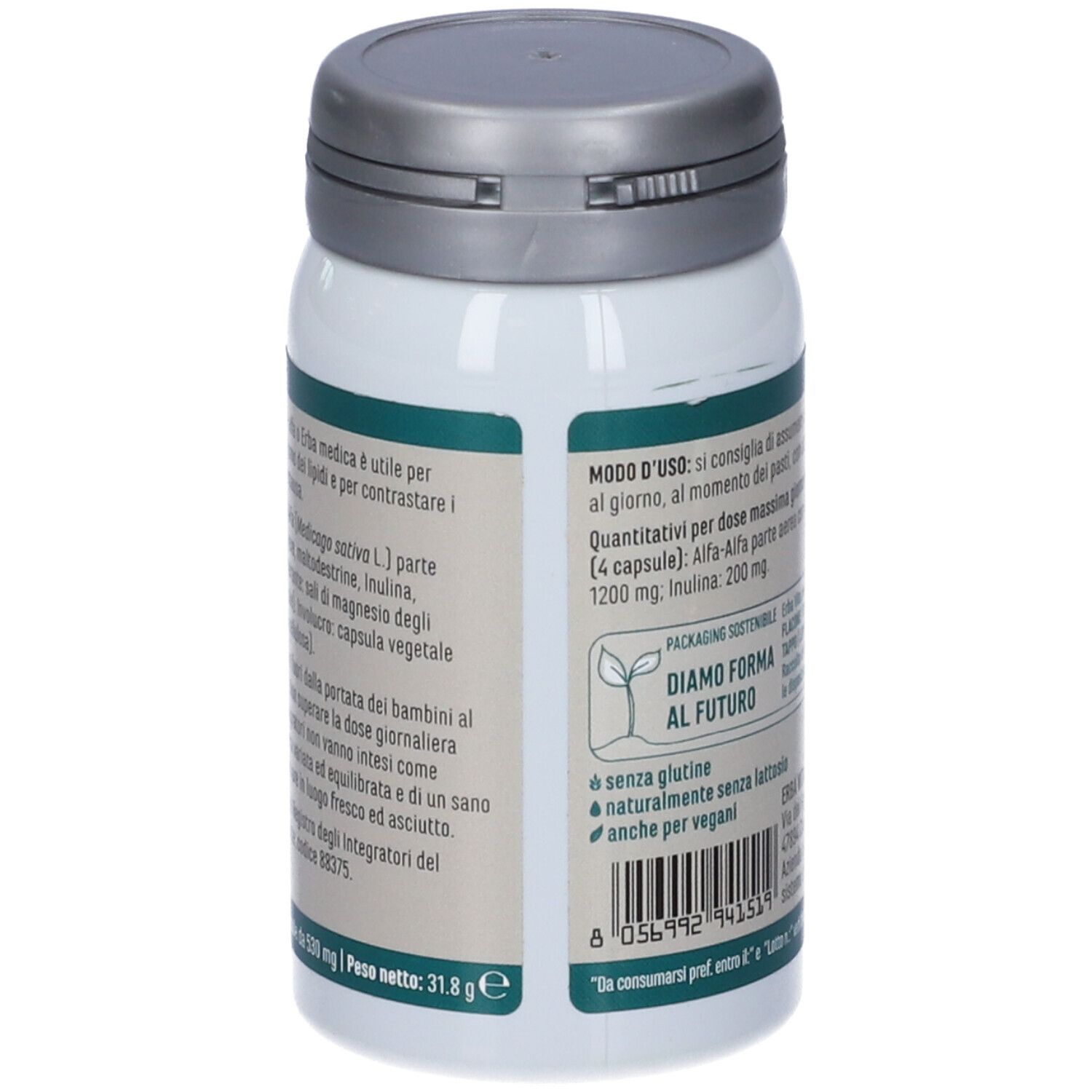 Flacone bianco Erba Vita Alfa-Alfa, etichette verdi. Testo sul retro.