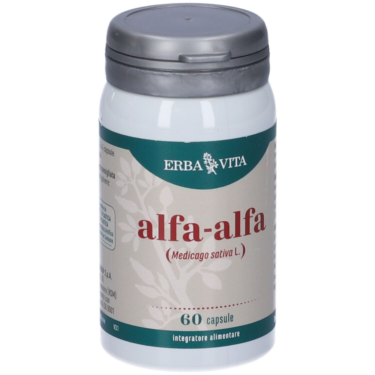 Flacone bianco Erba Vita Alfa-Alfa, etichetta verde. 60 capsule.