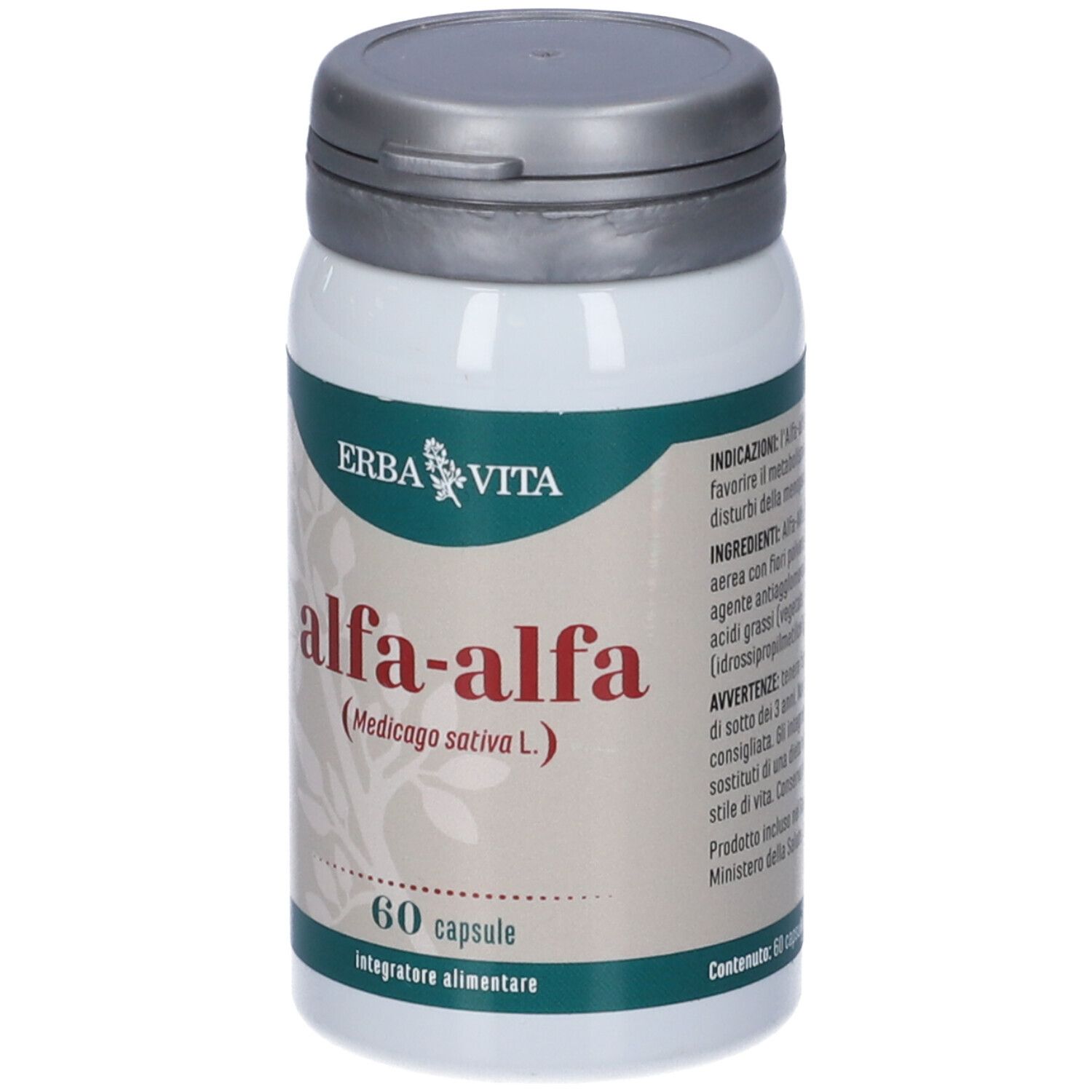 Flacone bianco Erba Vita Alfa-Alfa, etichetta verde. 60 capsule.