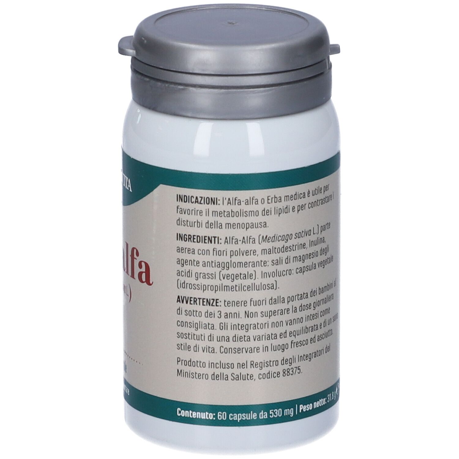 Flacone bianco Erba Vita Alfa-Alfa, etichette verdi. Testo sul retro.