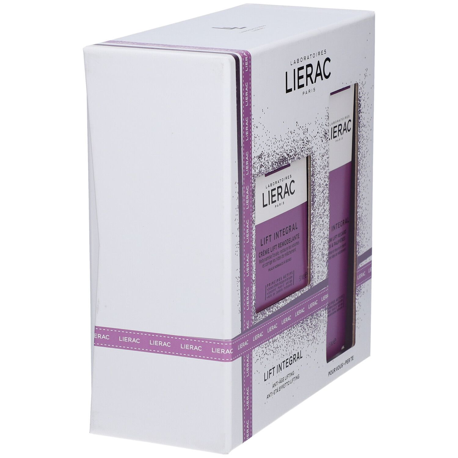 Scatola regalo bianca LIERAC Lift Integral. Nastro viola intorno. Vista laterale della confezione.