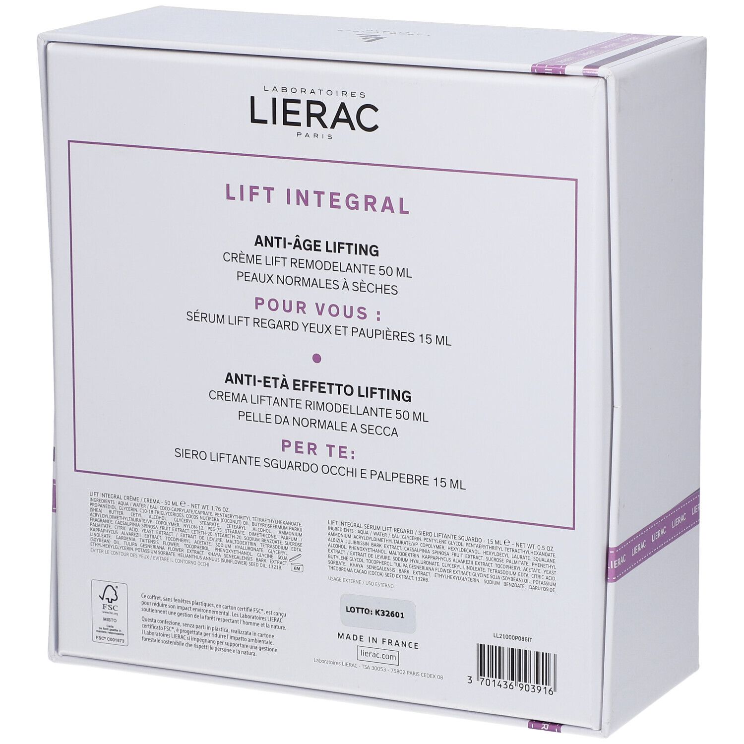 Retro del cofanetto LIERAC Lift Integral. Informazioni e ingredienti in più lingue.