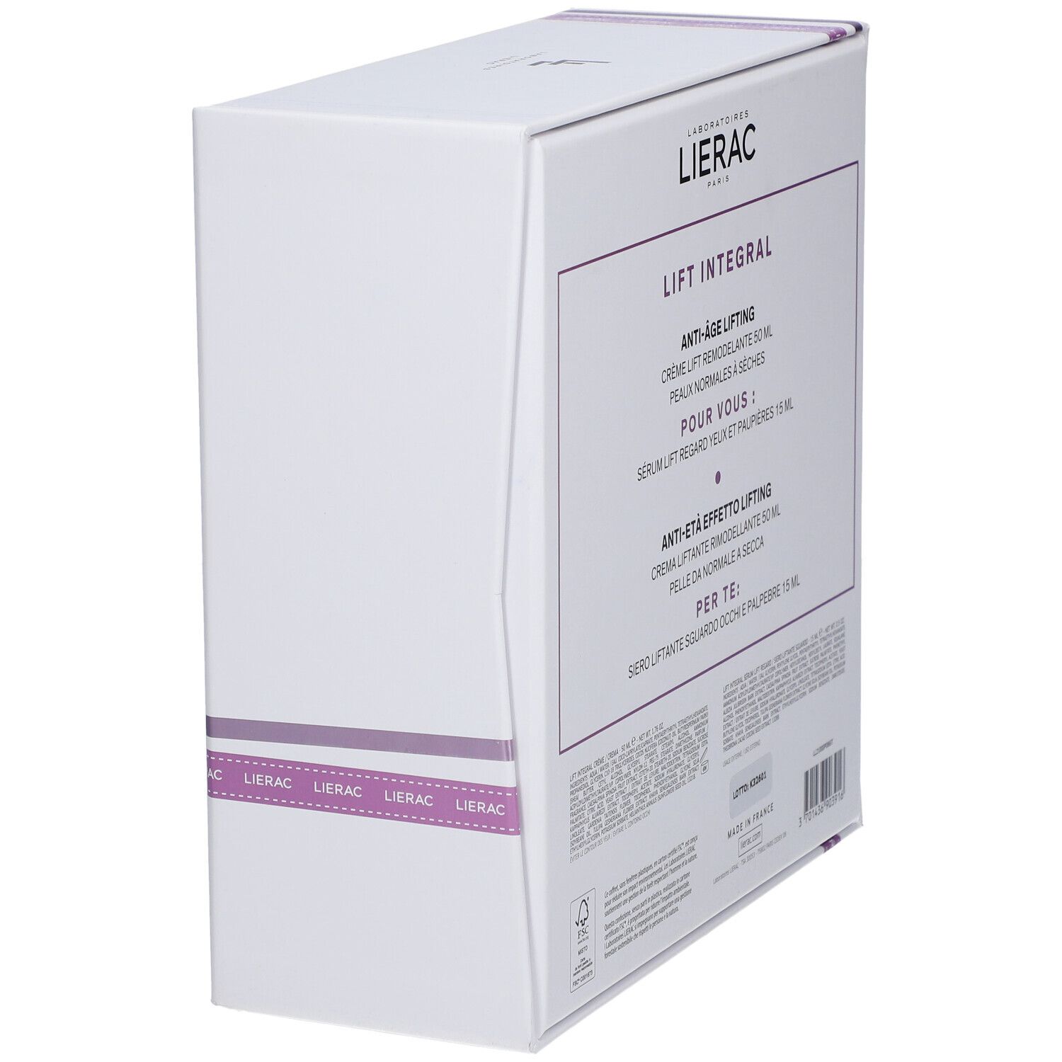 Vista laterale della scatola regalo LIERAC Lift Integral. Informazioni e testo multilingue.