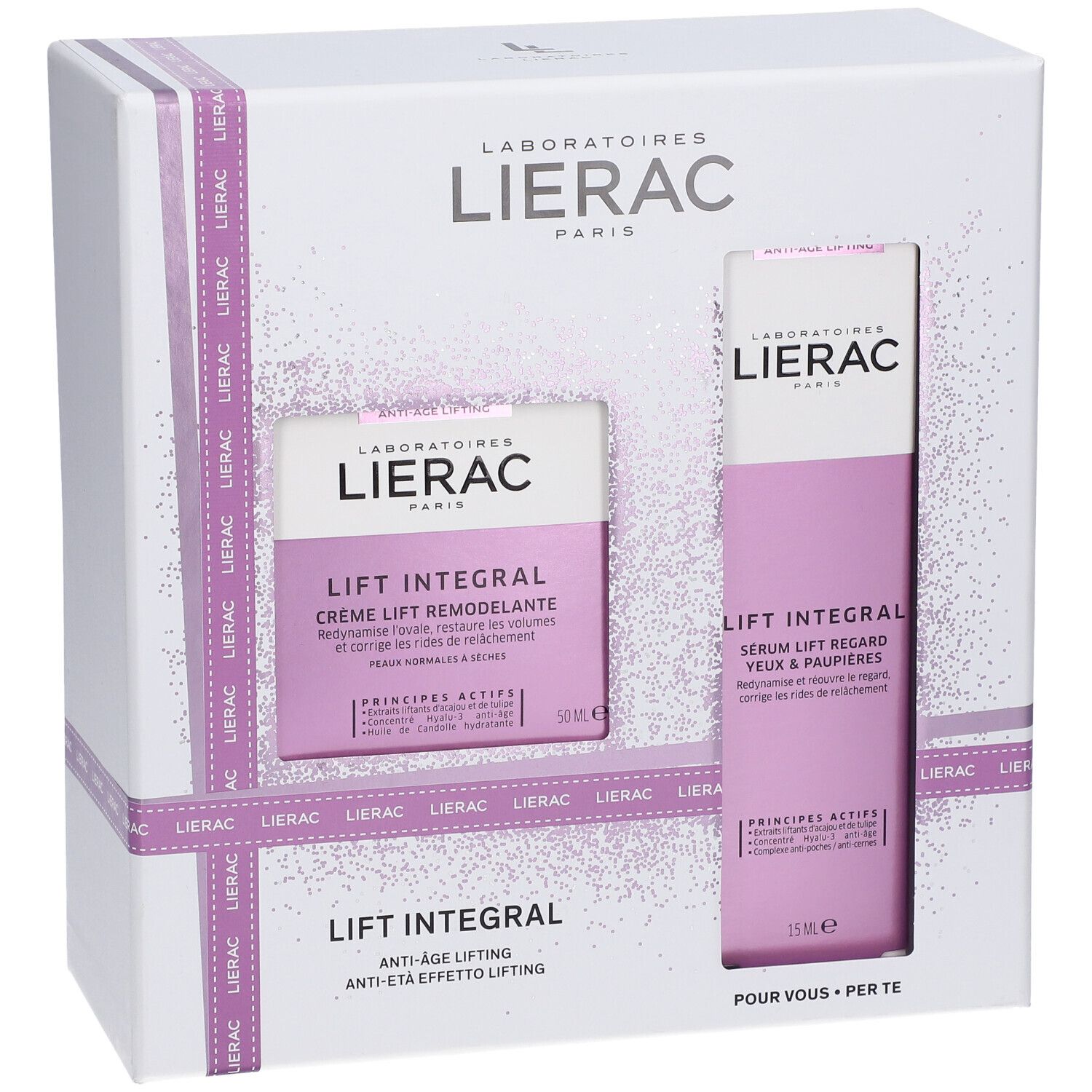Cofanetto LIERAC Lift Integral con crema e siero. Confezione bianca con dettagli viola. Nomi dei prodotti visibili.