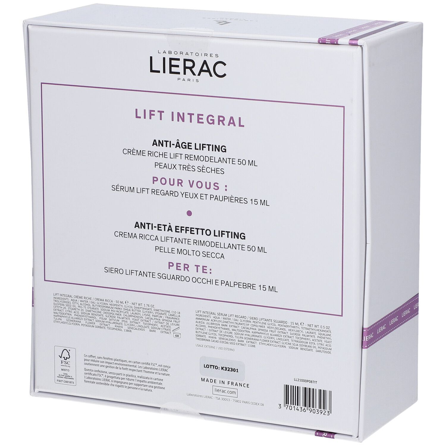 Retro del cofanetto LIERAC Lift Integral. Testo multilingue. Nomi e informazioni sul prodotto.