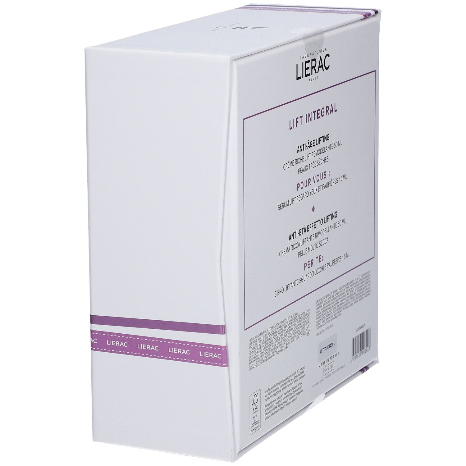 Vista laterale obliqua del cofanetto LIERAC Lift Integral. Confezione bianca con nomi.