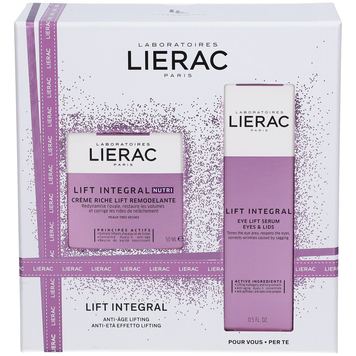 Cofanetto LIERAC Lift Integral. Contiene crema e siero. Confezione bianca con logo e nomi.