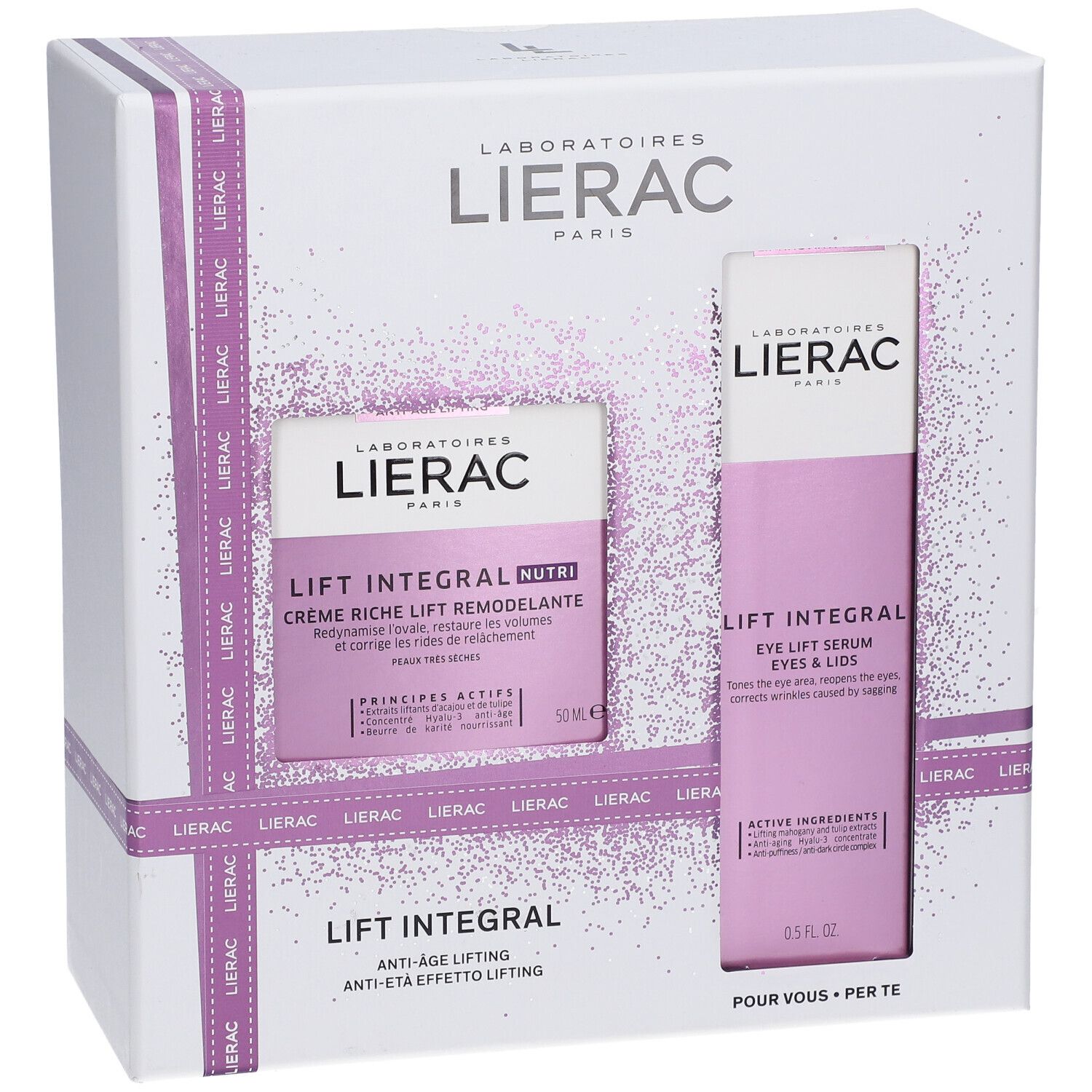 Cofanetto LIERAC Lift Integral. Contiene crema e siero. Confezione bianca con logo e nomi.