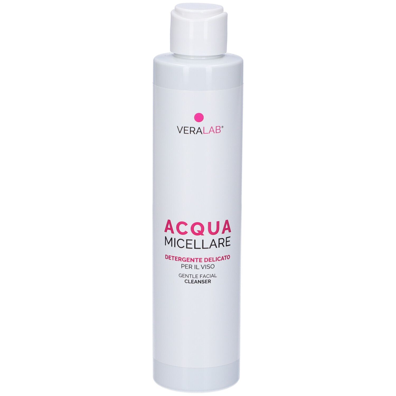 Flacone bianco con logo e testo rosa. Contiene 'ACQUA MICELLARE' e 'DETERGENTE DELICATO PER IL VISO'.
