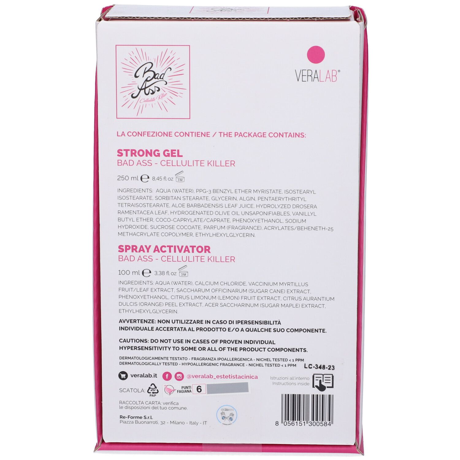 Retro della confezione. Testo con ingredienti e avvertenze. Marchio Veralab.