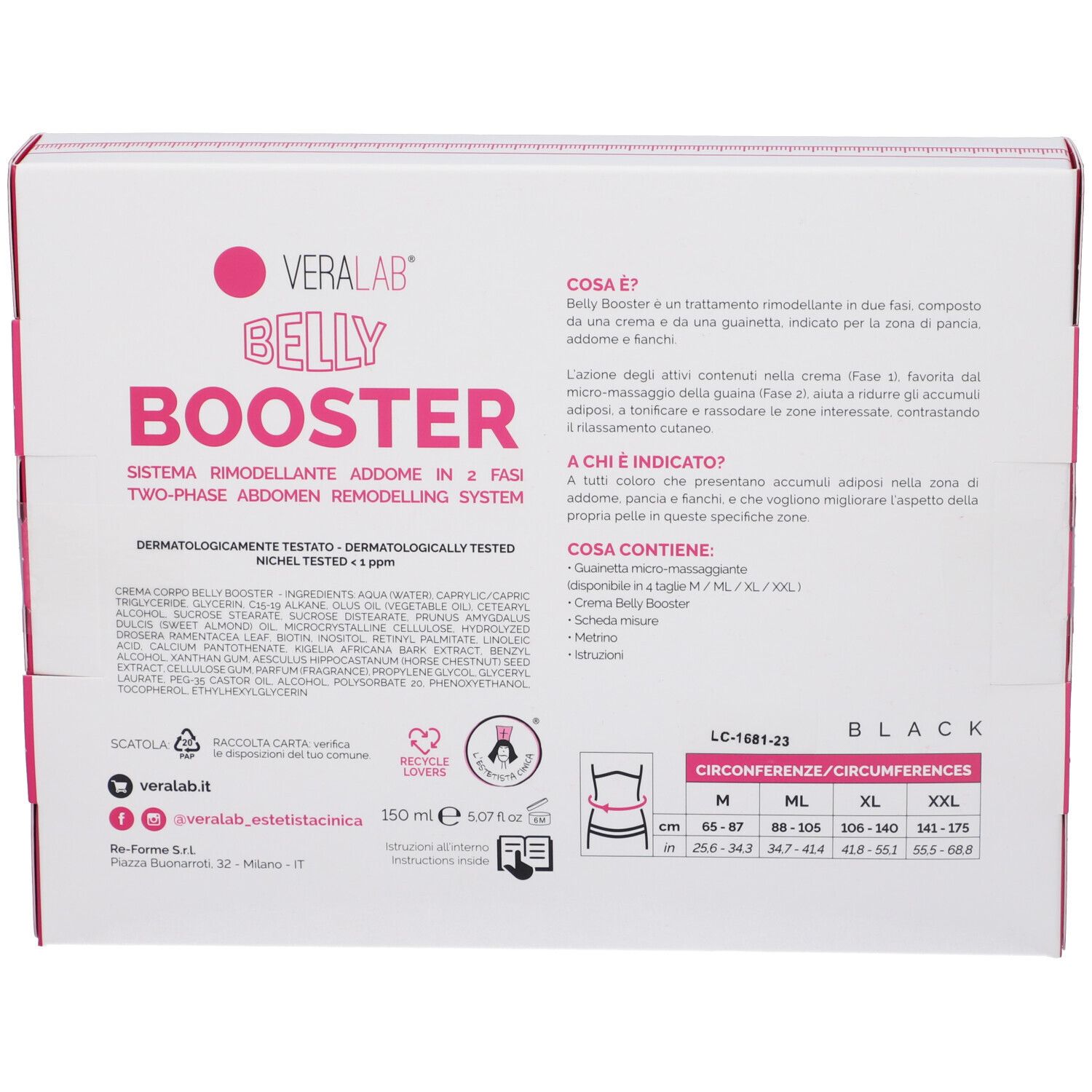 Retro della confezione. Testo "Belly Booster". Ingredienti, istruzioni. Informazioni taglie. Scritta nera.