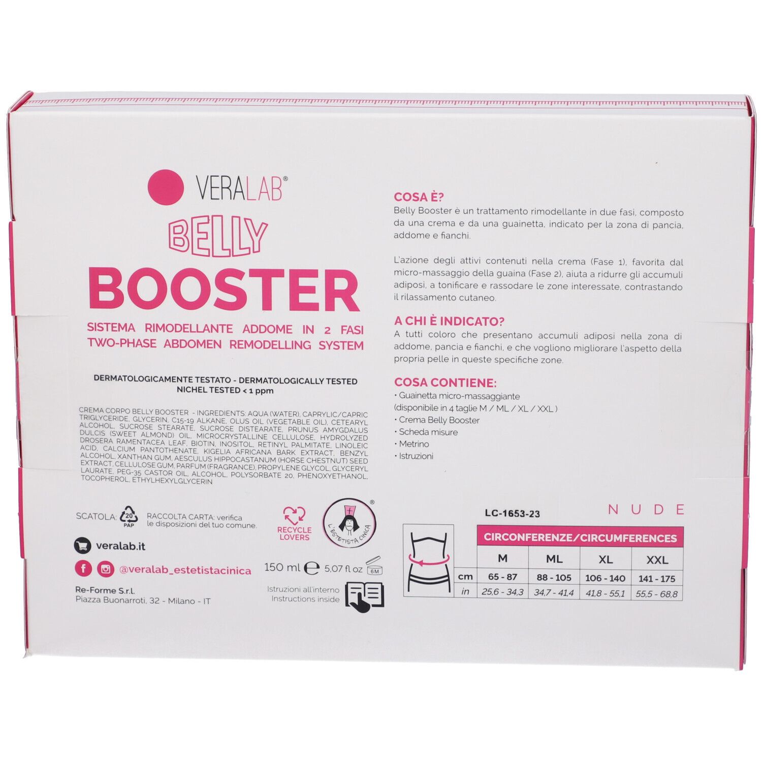 Confezione con testo e informazioni. Logo rosa "Veralab Belly Booster". Testo: "Sistema rimodellante addome in 2 fasi".