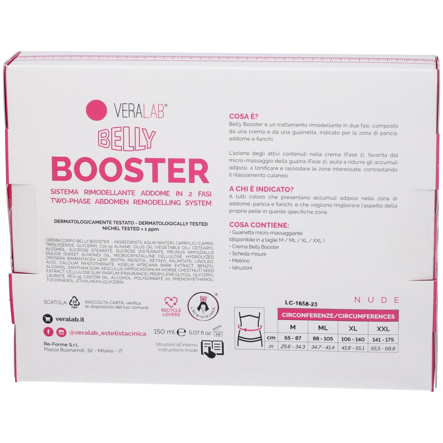 Confezione con "Belly Booster" e "Veralab" rosa. Testo: "Sistema rimodellante addome in 2 fasi". Contiene informazioni e tabella taglie.