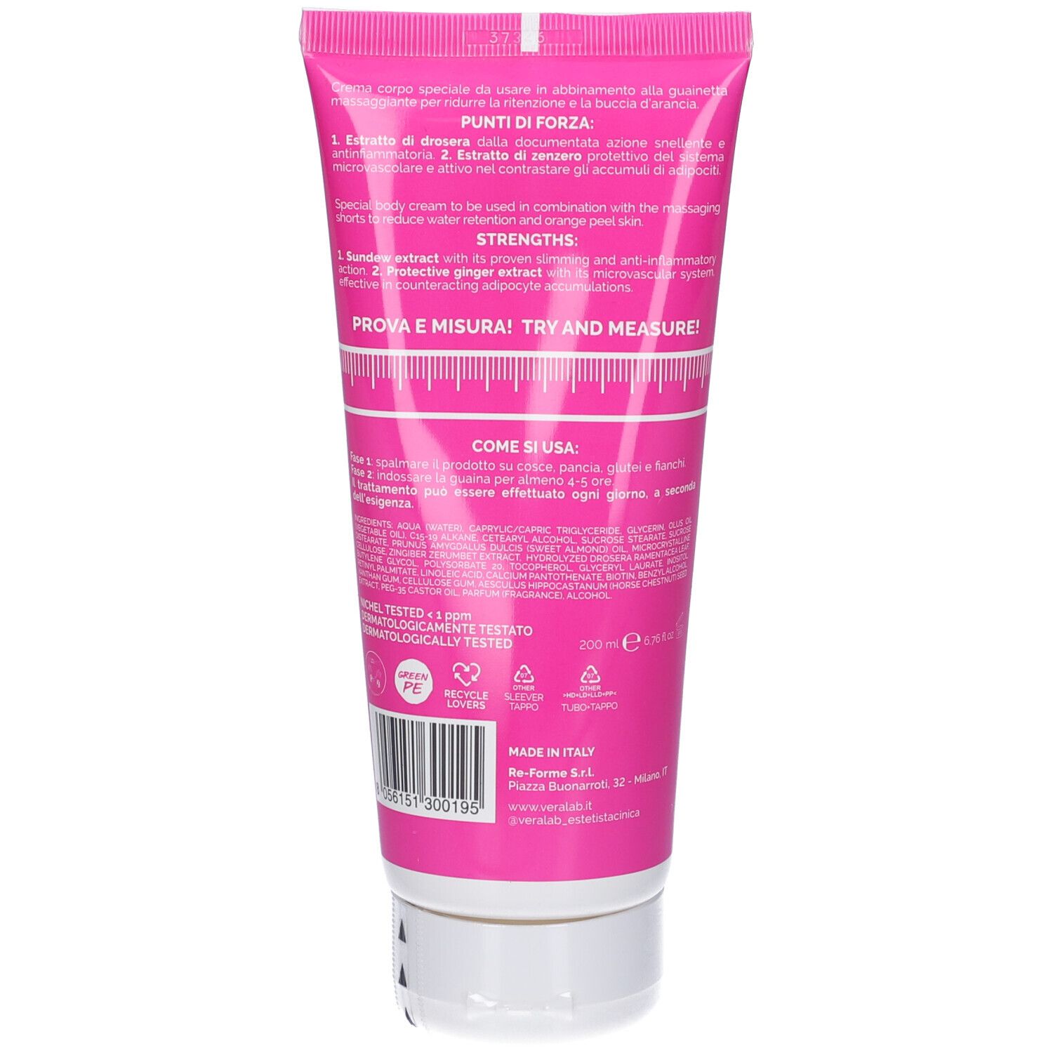 Retro di un tubo rosa. Testo in più lingue. Contiene informazioni sugli ingredienti e l'uso.