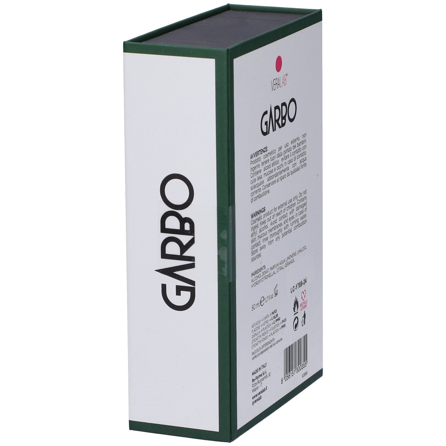 Scatola bianca con bordi verdi. Sul lato, la scritta GARBO. Sul retro, informazioni sul prodotto.