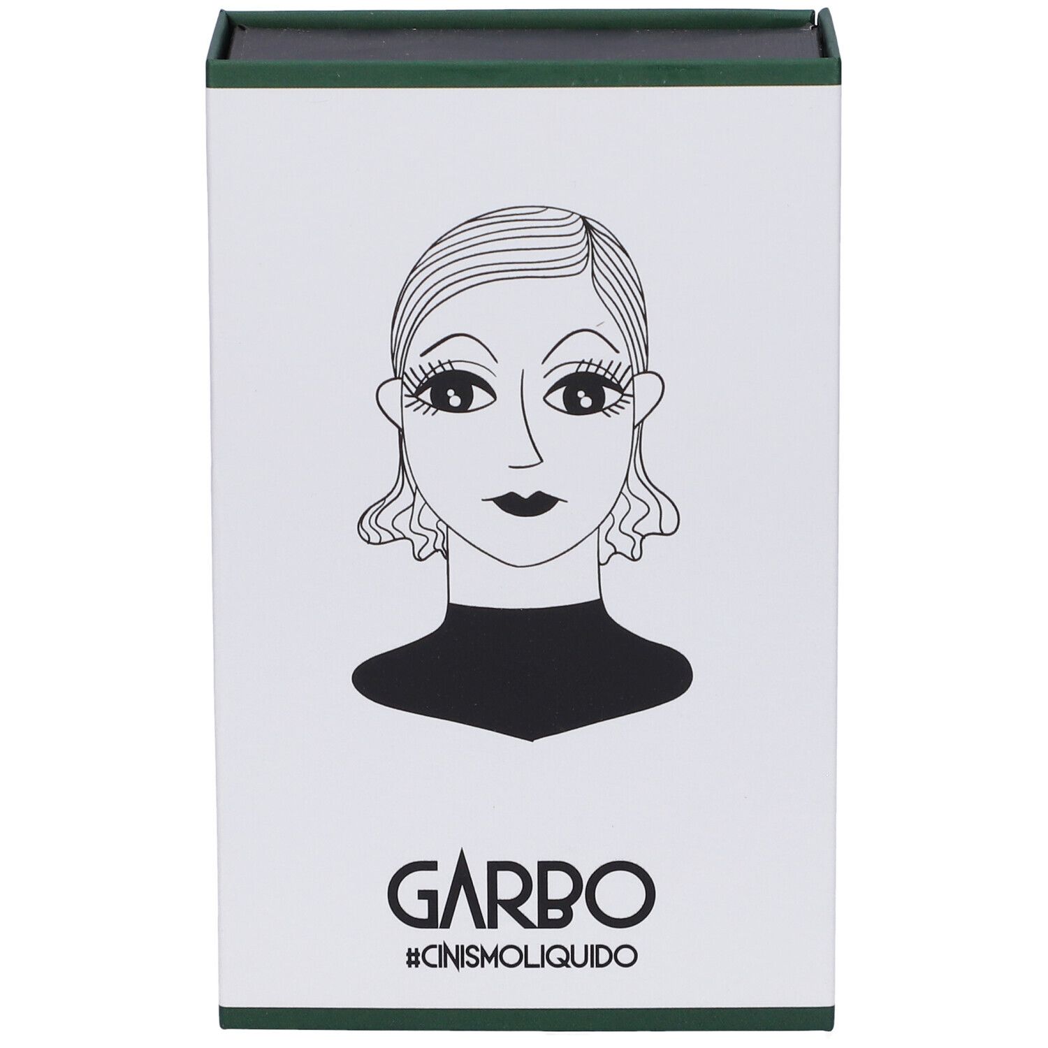 Scatola bianca con bordi verdi. Disegno in bianco e nero di un volto e scritta GARBO sul fronte.