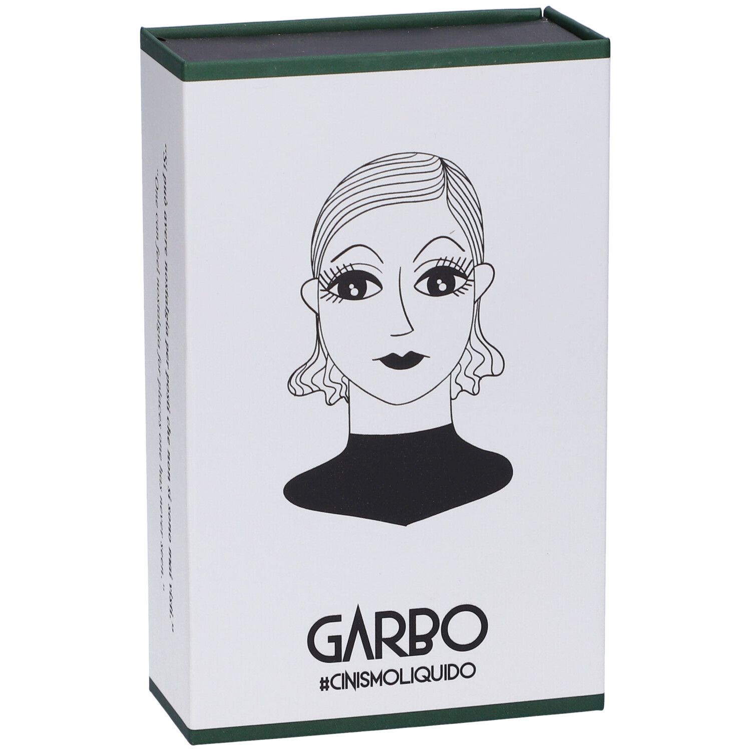 Scatola bianca con bordi verdi. Disegno in bianco e nero di un volto e scritta GARBO sul fronte. Citazione.