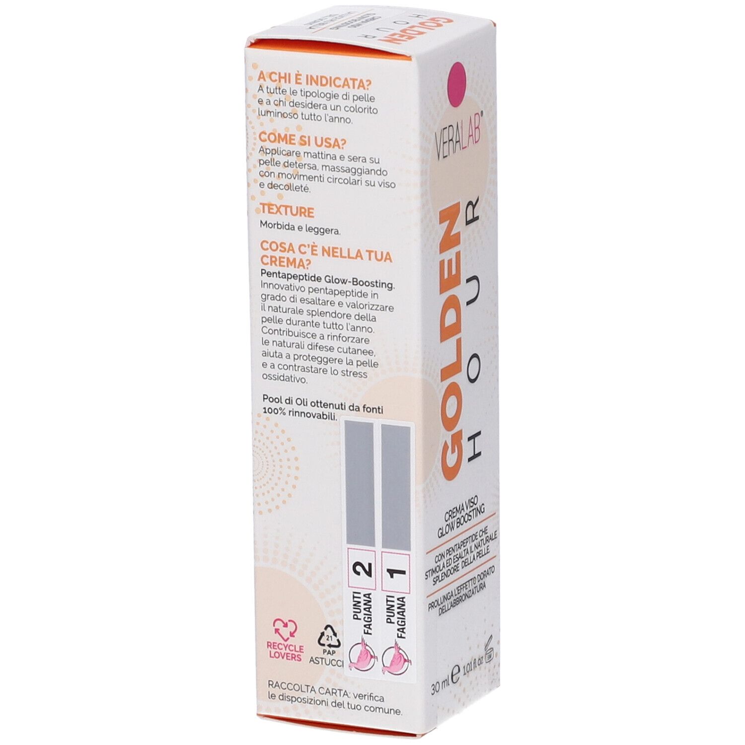 Retro della confezione Veralab Golden Hour Crema Viso. Contiene testo, loghi e informazioni sul riciclo.