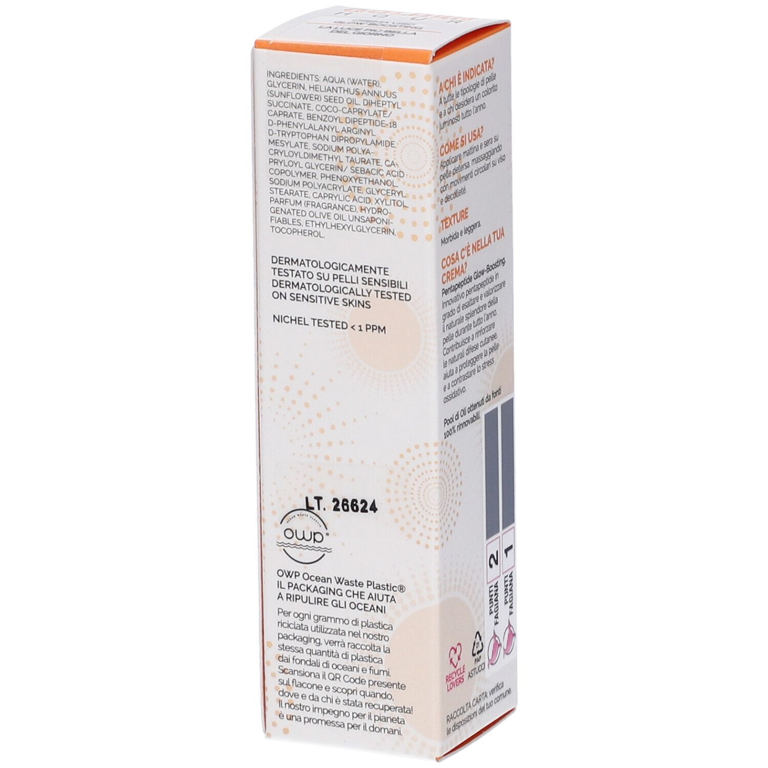 Lato della confezione Veralab Golden Hour Crema Viso. Contiene ingredienti, loghi e informazioni.