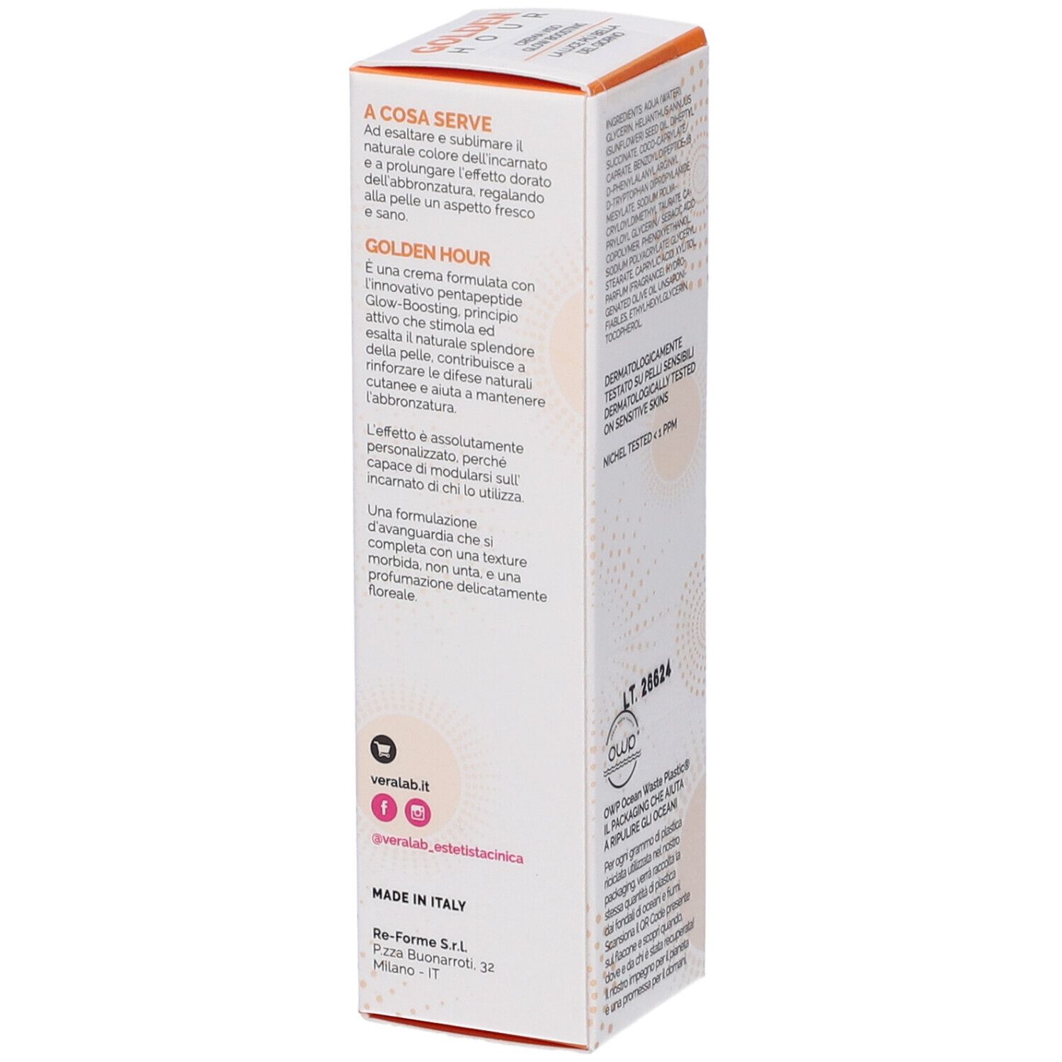 Lato della confezione Veralab Golden Hour Crema Viso. Contiene testo, loghi e informazioni.