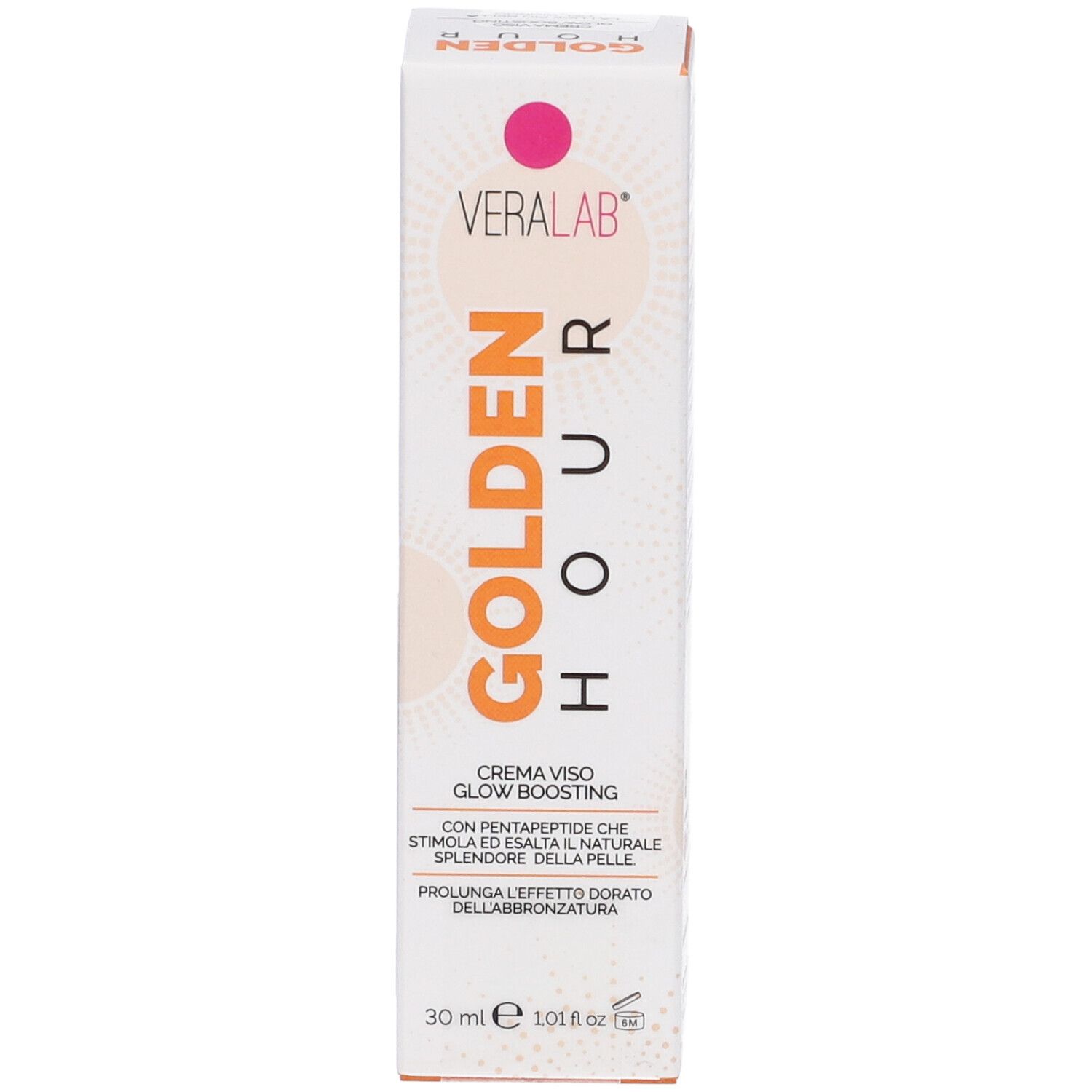 Fronte della confezione Veralab Golden Hour Crema Viso. Bianco con testo arancione e logo.